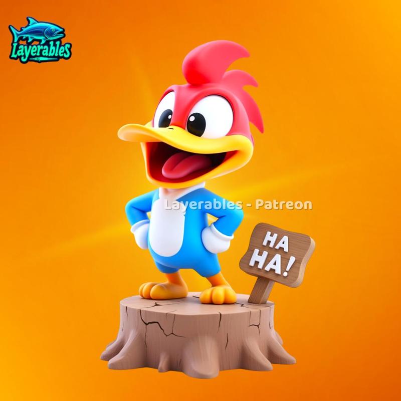 Chibi Woody STL – Funny Cartoon Bird 3D Print on Tree Stump – Fan Art Model for Collectors