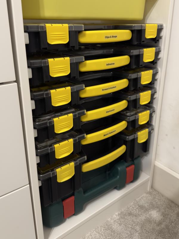 Rails to slide Stanley organizer into IKEA TROFAST shelf