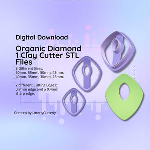 Clay Cutter STL File Organic Diamond 1- Earring Digital File Download- 8 sizes & 2 Cutter Versions, cookie cutter