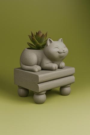 Smiling Cat on Bench Planter - 3D Printable Succulent Pot STL File