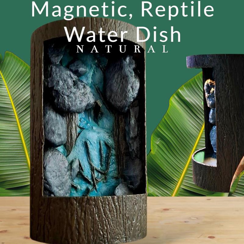 Magnetic Reptile Water Dish in Tree-Trunk Style │ 3D-Printable Bowl with Mini Rock Waterfall