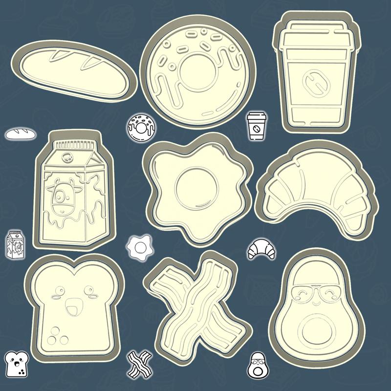 Food & drinks cookie cutters - breakfast favorites set / bundle - 9 pieces