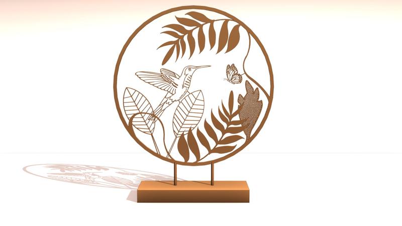 3D Flower Circle Sculpture with Hummingbird and Plants