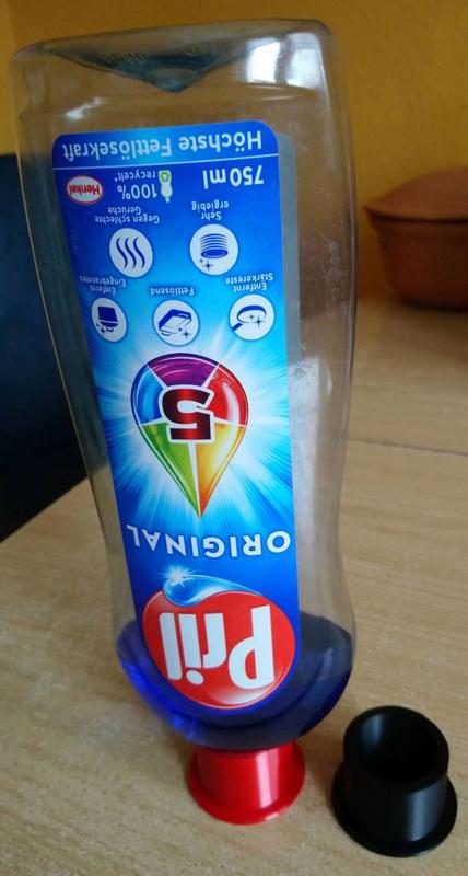 Upside-down stand for dishwashing liquid (Pril)