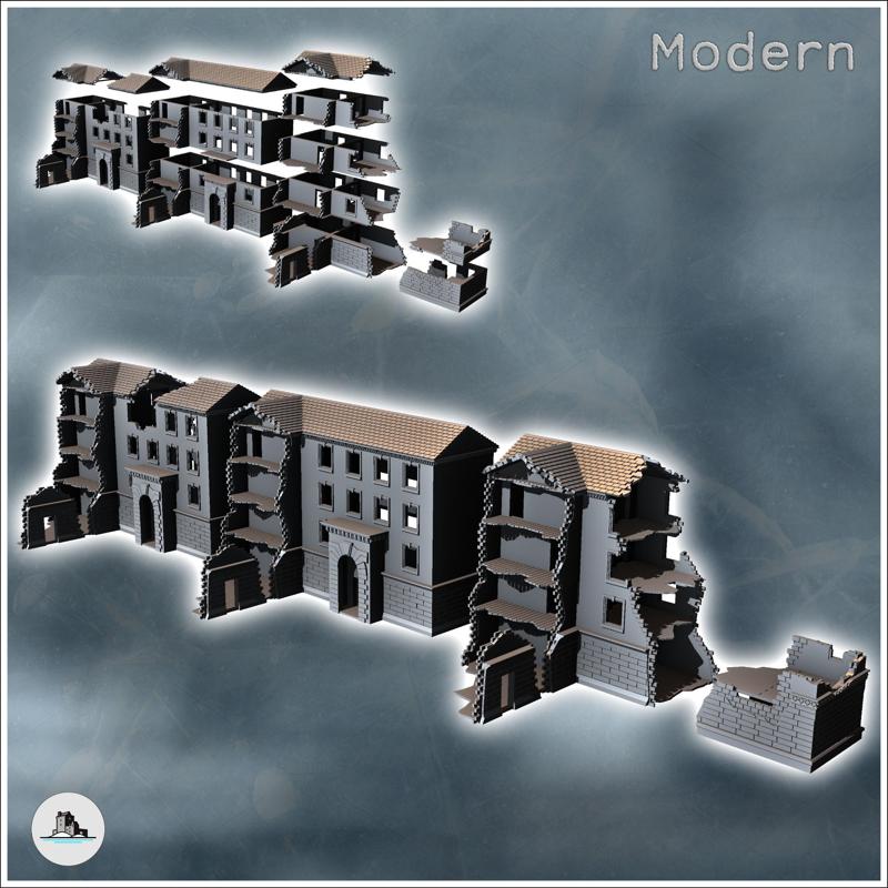 Set of three modern ruined buildings with central arch and stone pavement (8) - Modern WW2 WW1 World War Diaroma Wargaming RPG Mini Hobby