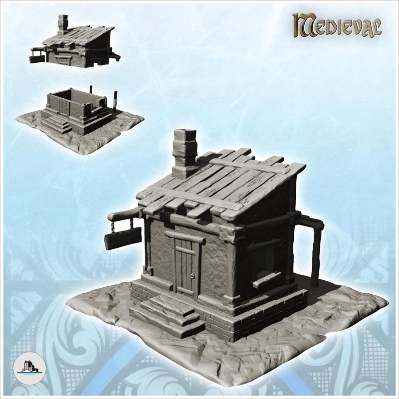 Service building with access stairs, canopy and wooden sign (19) - Medieval Feudal Old Archaic Saga 28mm 15mm
