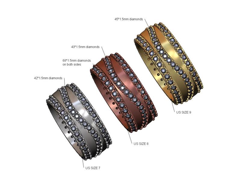 Curved diamond line and sides wide cigar band US sizes 7 8 9 3D print model