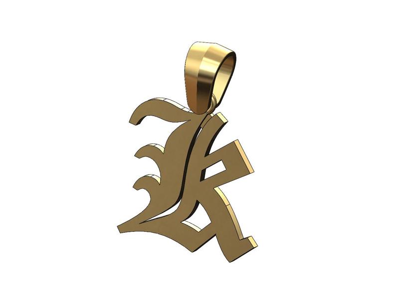 K gothic old english initial pendant charm bail 3D print model