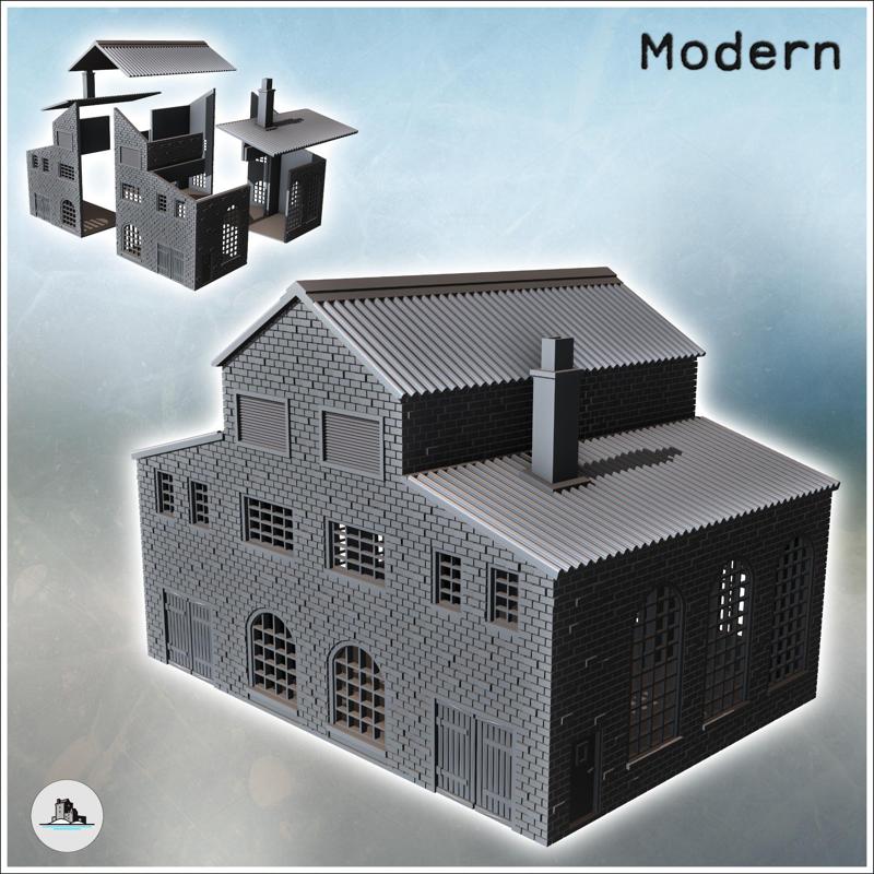 Large brick industrial warehouse with triple roofs, large wooden access doors, and a chimney (19) - Modern WW2 WW1 World War Diaroma Wargaming RPG Mini Hobby
