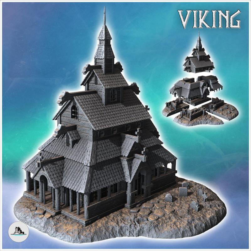 Large Scandinavian stave church with bell tower and gable roof (Borgund stavkyrkje inspired) (15) - North Northern Norse Nordic Saga 28mm 15mm Medieval Dark Age