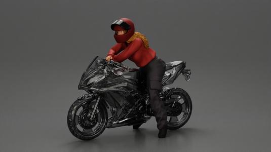 motorcyclist woman in helmet and hoodie sitting on motorcycle