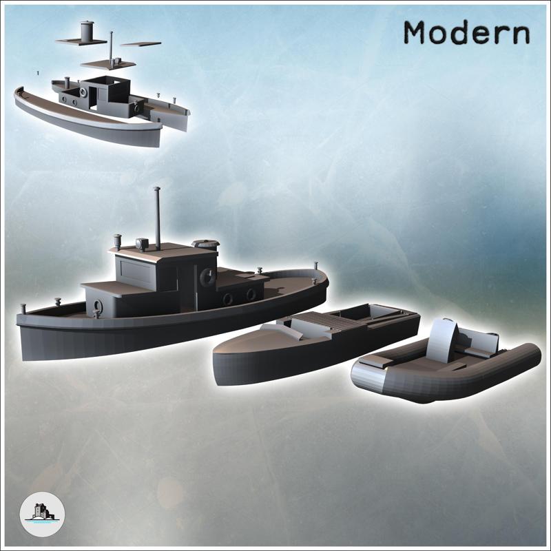 Set of three boats with canoe and ship (1) - Cold Era Modern Warfare Conflict World War 3 RPG  Post-apo WW3 WWIII