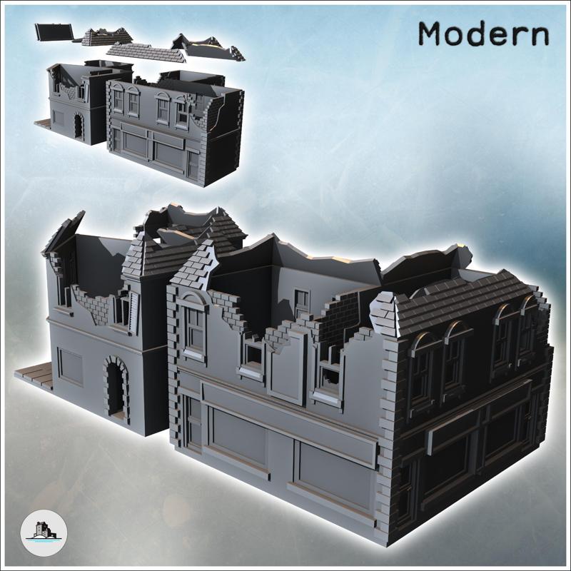 Set of two ruined urban buildings with tiled roofs, exposed bricks, and ground floor shops (35) - Modern WW2 WW1 World War Diaroma Wargaming RPG Mini Hobby