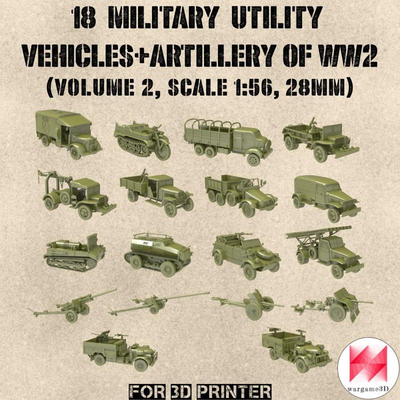 STL PACK - 18 Military Utility vehicles + ARTILLERY of WW2 (Volume 2, 1:56, 28mm) - PERSONAL USE