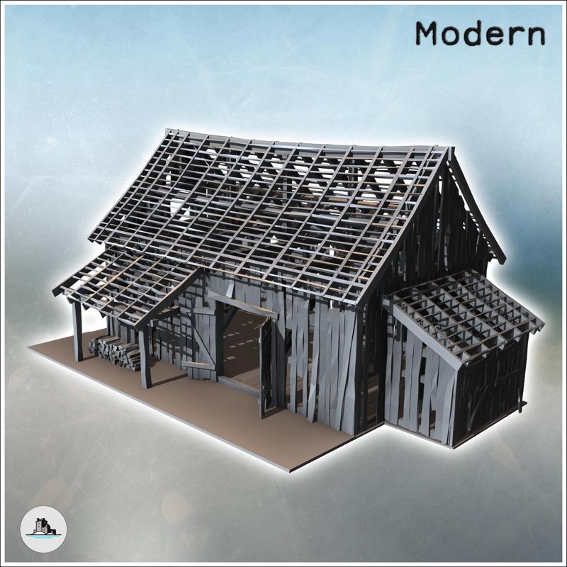 Ruined wooden building with exposed framework, side annex, and large doors (17) - Modern WW2 WW1 World War Diaroma Wargaming RPG Mini Hobby