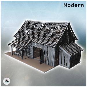 Ruined wooden building with exposed framework, side annex, and large doors (17) - Modern WW2 WW1 World War Diaroma Wargaming RPG Mini Hobby