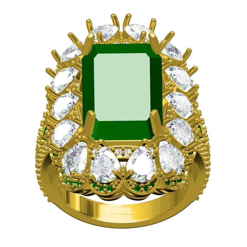 Green Emerald Stone and Pear Diamond Cluster Engagement Ring