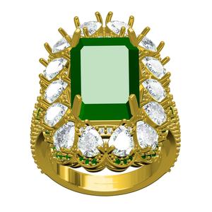 Green Emerald Stone and Pear Diamond Cluster Engagement Ring