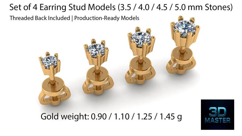 Set of 4 Earring Stud 3D Models (3.5 / 4.0 / 4.5 / 5.0 mm Stones) – Screw Back Included