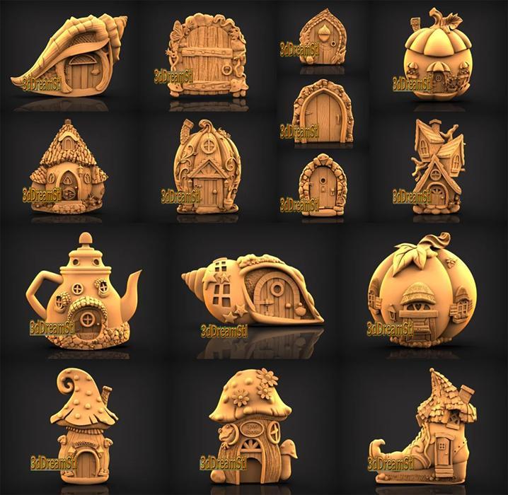 15 Pcs Fairy Doors and Houses 3D STL Models Collection, Wall decor, STL File For CNC Router Engraver, Carving Machine
