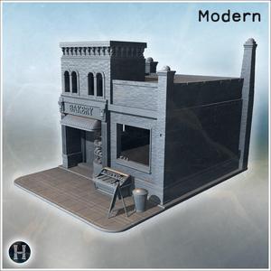 Bakery storefront with window display, brick walls, trash bin, and a wooden A-frame sign (18) - Modern WW2 WW1 World War Diaroma Wargaming RPG Mini Hobby