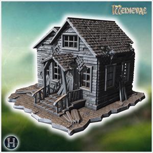 Dilapidated wooden house with a broken porch, shattered windows, and damaged roof shingles (35) - Medieval Gothic Feudal Old Archaic Saga 28mm 15mm RPG