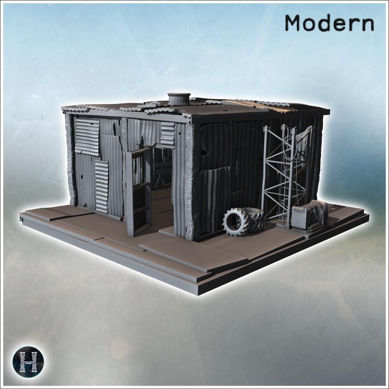 Small metallic shack with corrugated walls, exposed beams, surrounding debris, and a damaged tower (15) - Modern WW2 WW1 World War Diaroma Wargaming RPG Mini Hobby