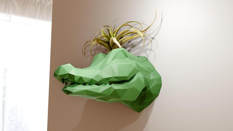 caiman crocodile head wall mount low poly planter pot flower vase stl