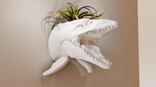 mososaurus dinosaur head roaring wall mount planter pot flower vase stl
