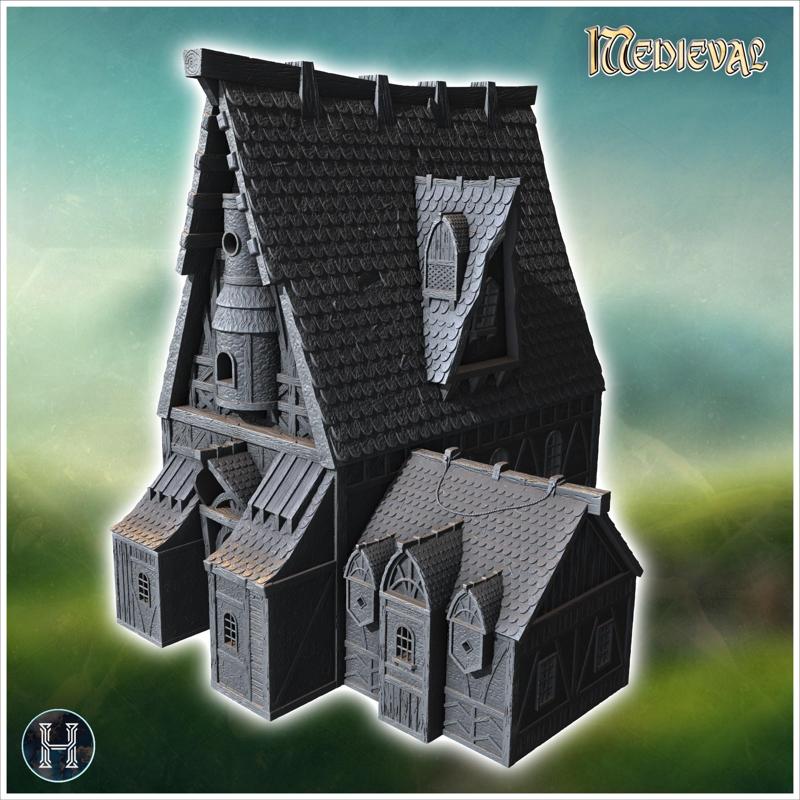 Large timber-framed house with a triangular roof, dormer windows, and a stone foundation (29) - Medieval Gothic Feudal Old Archaic Saga 28mm 15mm RPG