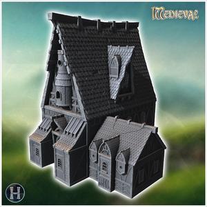 Large timber-framed house with a triangular roof, dormer windows, and a stone foundation (29) - Medieval Gothic Feudal Old Archaic Saga 28mm 15mm RPG