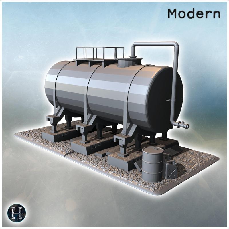 Large industrial tank with supporting structure and additional barrels and canisters (2) - Modern WW2 WW1 World War Diaroma Wargaming RPG Mini Hobby