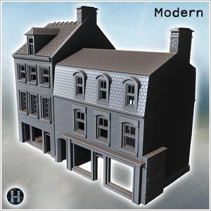 Row of connected buildings with multiple windows and two chimneys on the roof (Carentan, Normandy 1944, France) (24) - Modern WW2 WW1 World War Diaroma Wargaming RPG Mini Hobby