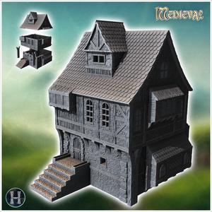 Two-story medieval house with wooden beams, stone chimney, and detailed shingle roof (21) - Medieval Gothic Feudal Old Archaic Saga 28mm 15mm RPG