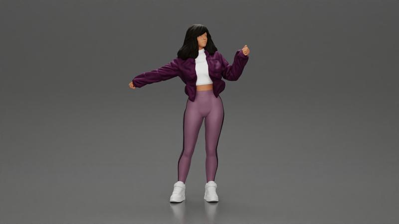 sexy girl in an open jacket and pants, posing happily