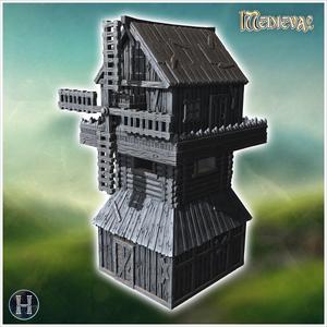 Tall wooden windmill with large blades, a sloped roof, and a reinforced wooden structure (37) - Medieval Gothic Feudal Old Archaic Saga 28mm 15mm RPG