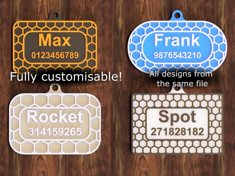 Hex Pattern Dog ID Tag - Fully Customisable in Fusion 360, 2 Colour Print (no MMU), parametric design