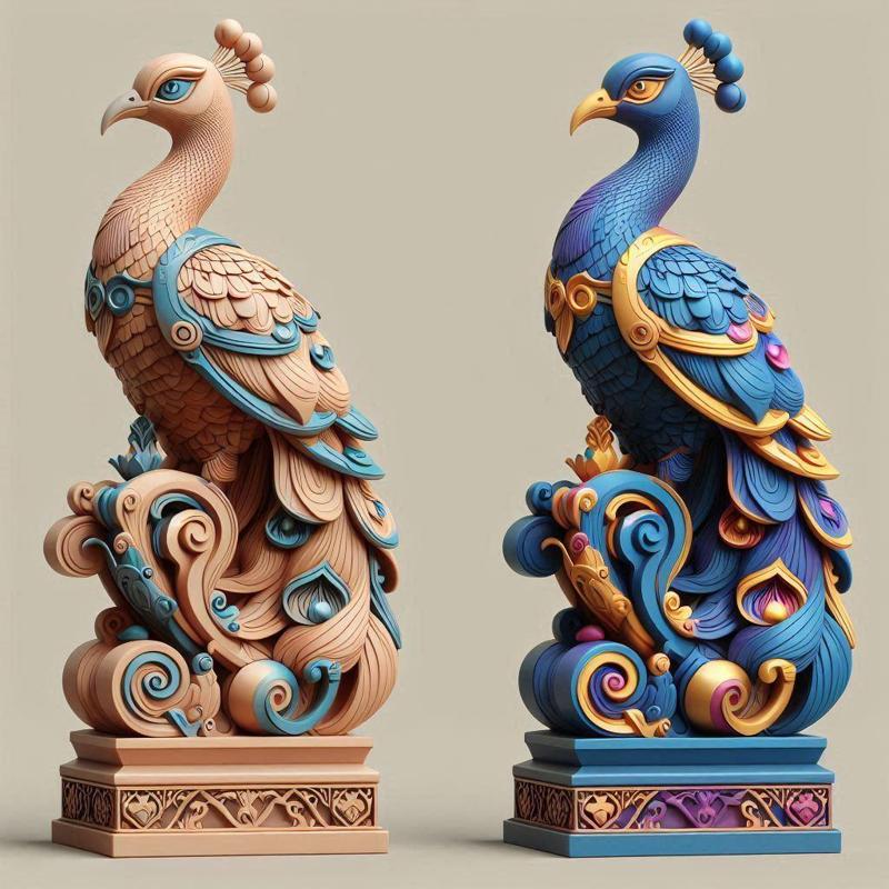 1177 Colorful 3D Model of a Peacock on Base, totem, pug, dachshund, poodle, rooster, dog, dogue, beagle, peacock, lion, fox, bull terrier, pomeranian, galgo, wolf, doberman pinscher, newfoundland, decorative, crocodile