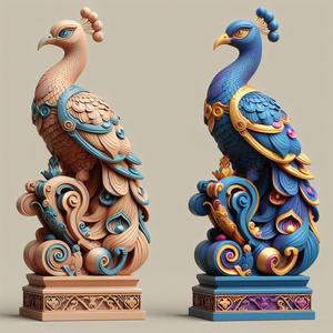 1177 Colorful 3D Model of a Peacock on Base, totem, pug, dachshund, poodle, rooster, dog, dogue, beagle, peacock, lion, fox, bull terrier, pomeranian, galgo, wolf, doberman pinscher, newfoundland, decorative, crocodile
