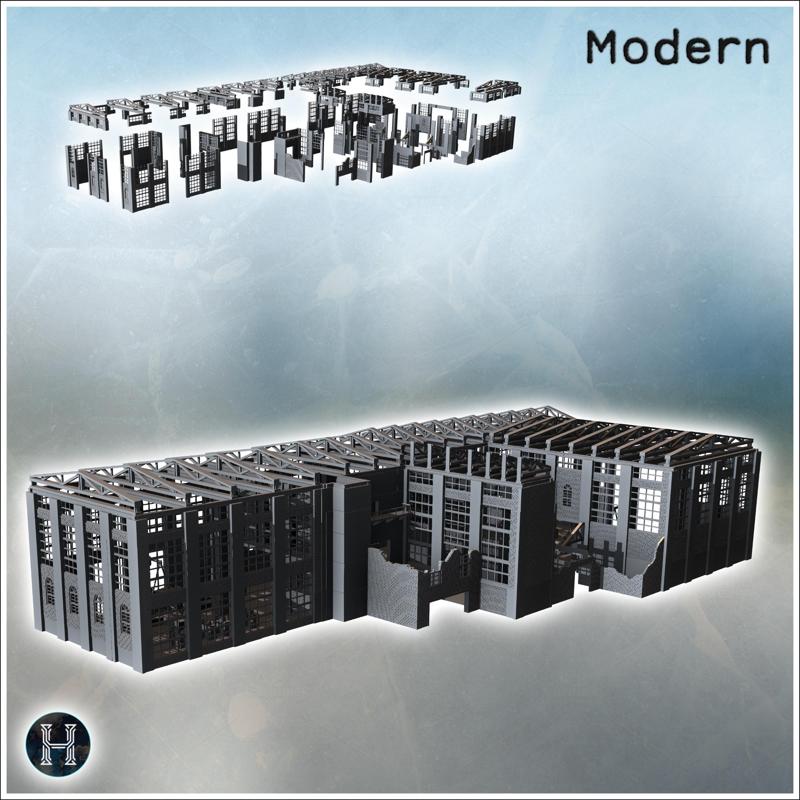 Large damaged modern factory with tin roof, brick walls, and interior with machines (26) - Modern WW2 WW1 World War Diaroma Wargaming RPG Mini Hobby