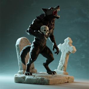 844 Ivory Werewolf Howling with Skull - 3D Model, magic, creature, fantasy, wood, base, sword, warrior, wild, cat, monster, dog, godzilla, fair, witch, werewolf, horror, beast, gothic, troll