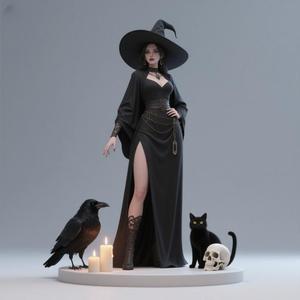 1150 Black Witch with Cat and Raven - COLORFUL 3D Figurine, magic, creature, fantasy, wood, gnome, gorgon, warrior, wild, fox, monster, cat, dog, fair, witch, werewolf, horror, beast, gothic, troll