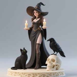 577 Elegant Black Witch with Candles, Black Raven, Black Cat and Skull - Full-Body Figurine, statue, magic, creature, sculpture, bear, troll, monkey, witch, werewolf, dachshund, pug, serpent, dragon, dnd, cat, monster hunter, dog
