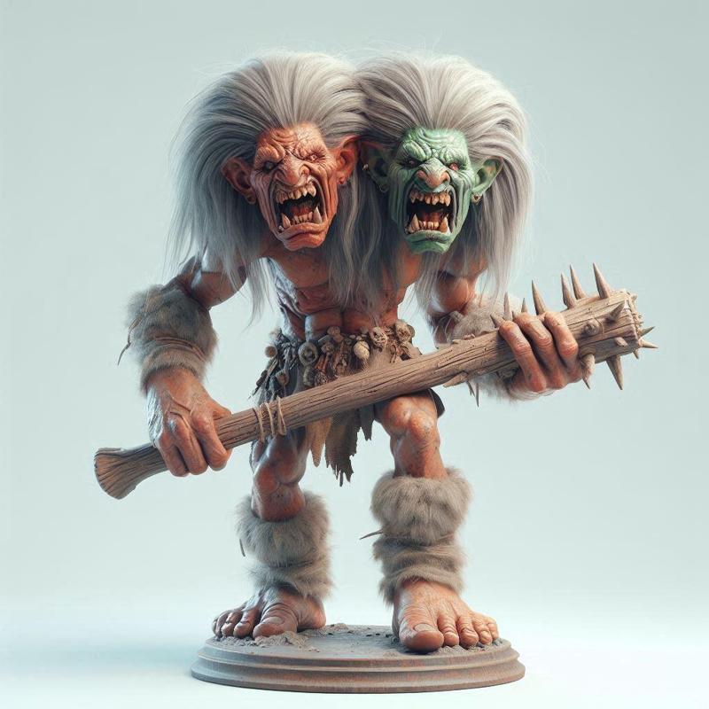 691 Two-Headed Roaring Norwegian Troll - 3D-Printed Ivory-Style Statue, fantasy, wood, base, sword, warrior, wild, low poly, dragon, dnd, cat, monster hunter, monster, dog, godzilla, fair, totem