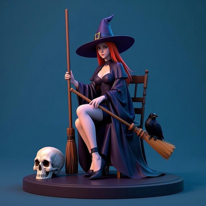 1354 Elegant Witch with Broom, Raven and Skull - Colorful Full-Body Figurine, magic, creature, fantasy, wood, gnome, gorgon, warrior, wild, fox, monster, cat, dog, fair, witch, werewolf, horror, beast, gothic, troll