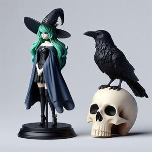 1311 Colorful Elegant Witch with Black Raven and Human Skull - Full-Body Figurine, magic, creature, fantasy, wood, gnome, gorgon, warrior, wild, fox, monster, cat, dog, fair, witch, werewolf, horror, beast, gothic, troll