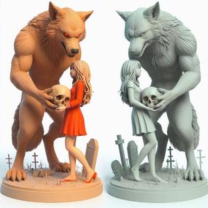 1298 Colorful 3D Model of Confused Werewolf and Brave Girl on Base, magic, creature, fantasy, wood, gnome, gorgon, warrior, wild, fox, monster, cat, dog, fair, witch, werewolf, horror, beast, gothic, troll