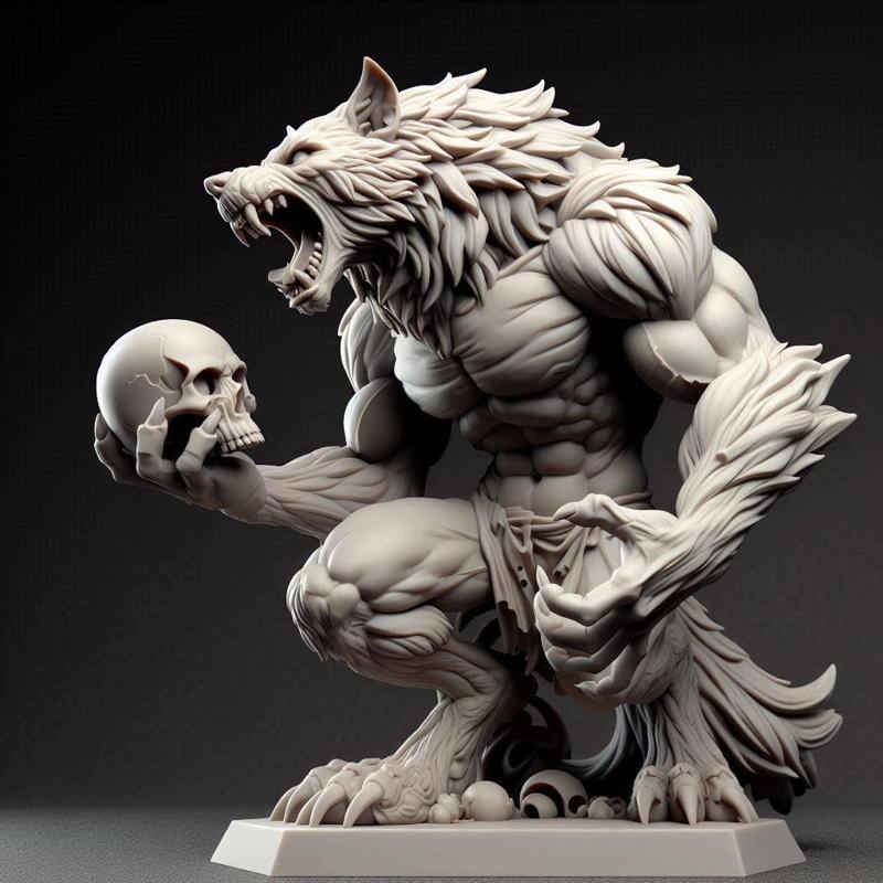 469 Ivory Werewolf Howling with Skull - 3D Model, magic, collectible, creature, dinosaur, sculpture, bear, troll, monkey, witch, club, werewolf, serpent, cat, fantasy, fair