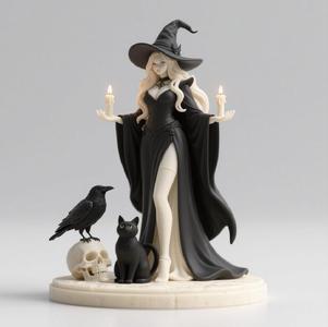 551 Elegant Black Witch with Candles, Black Raven, Black Cat and Skull - Full-Body Figurine, statue, magic, creature, sculpture, bear, troll, monkey, witch, werewolf, dachshund, serpent, dragon, dnd, cat, monster hunter, dog