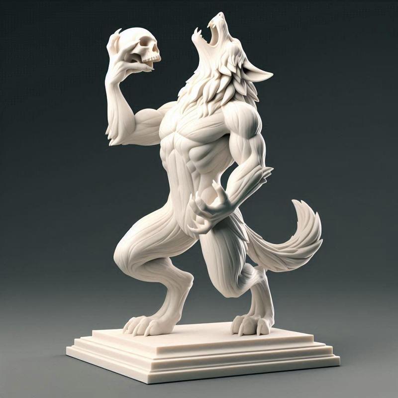 518 Ivory Werewolf Howling with Skull - 3D Model, magic, collectible, creature, dinosaur, sculpture, bear, troll, monkey, witch, club, werewolf, serpent, cat, fantasy, fair
